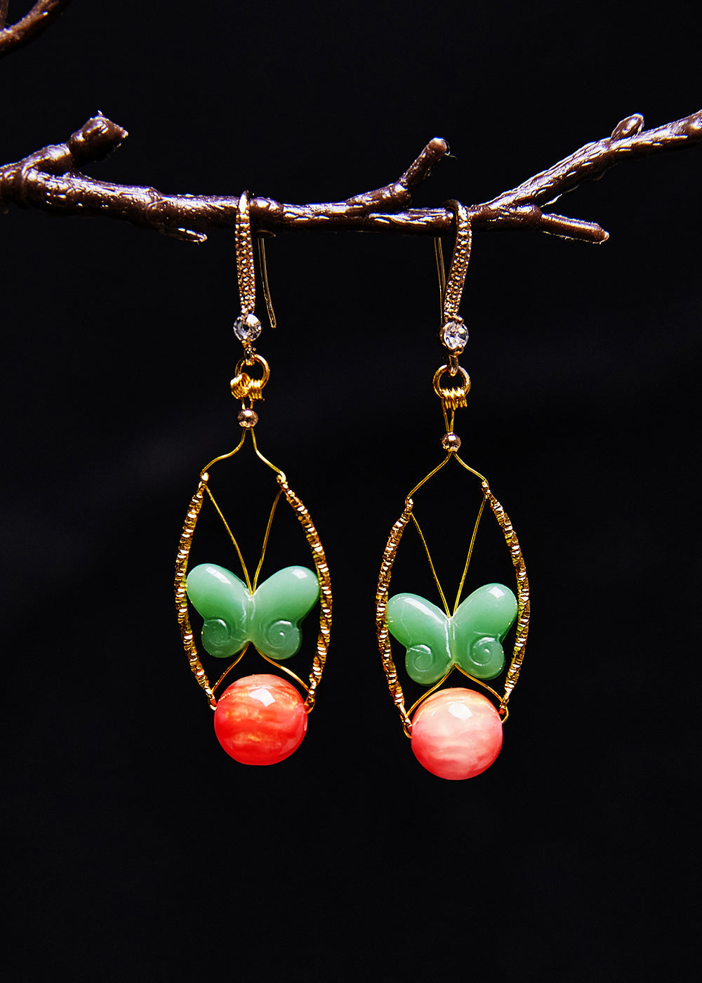 Green Butterfly Jade Original Design Drop Earrings