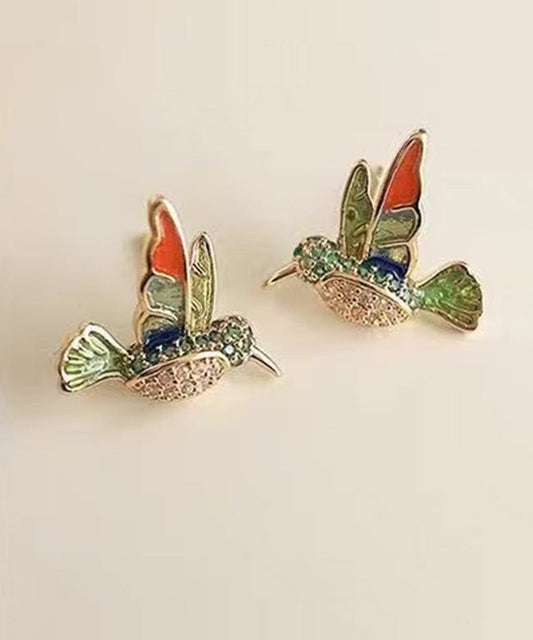 Green Copper Alloy Zircon Enamel Drop Glaze Little Brid Stud Earrings