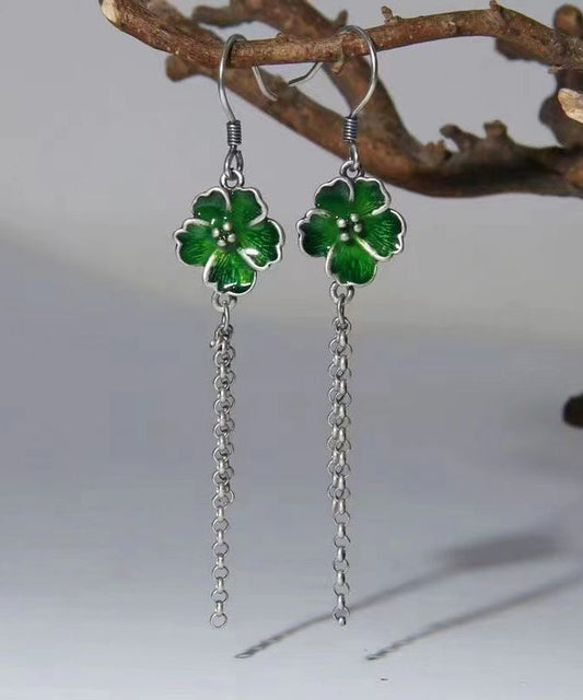 Green Tassel Patchwork Silver Drop Earrings
