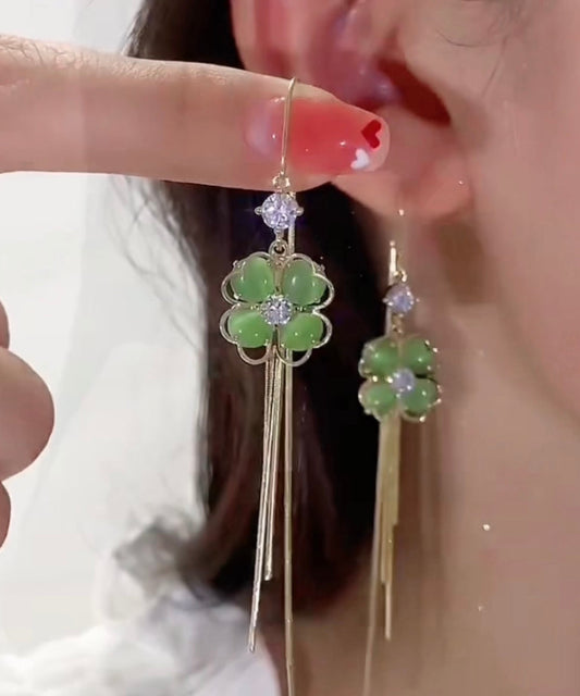 Green Gem Stone Tassel Drop Earrings