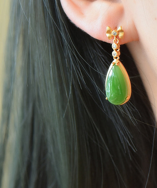 Green Hollow Out Sterling Silver Inlaid Hetian Jade Drop Earrings