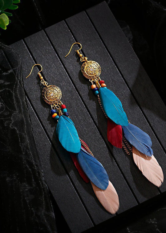 Multicolour Feather Tassel Metal Drop Earrings