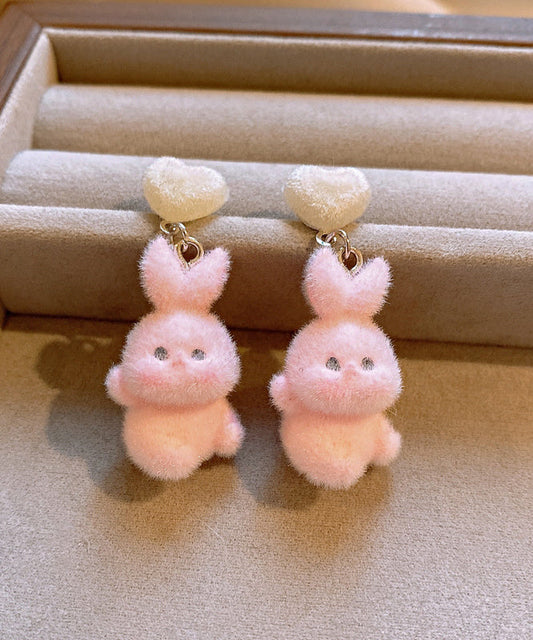 Pink Alloy Fuzzy Fur Fluffy Love Little Rabbit Drop Earrings