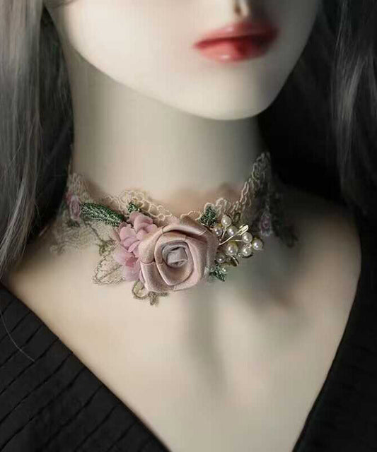 Pink Alloy Pearl Lace Necklace Ya010
