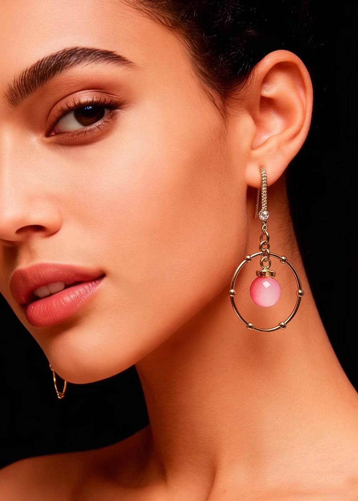 Pink Crystal Circular Gilding Drop Earring