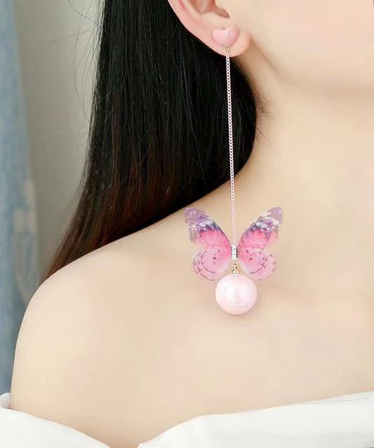 Pink Sterling Silver Love Pearl Butterfly Drop Earrings