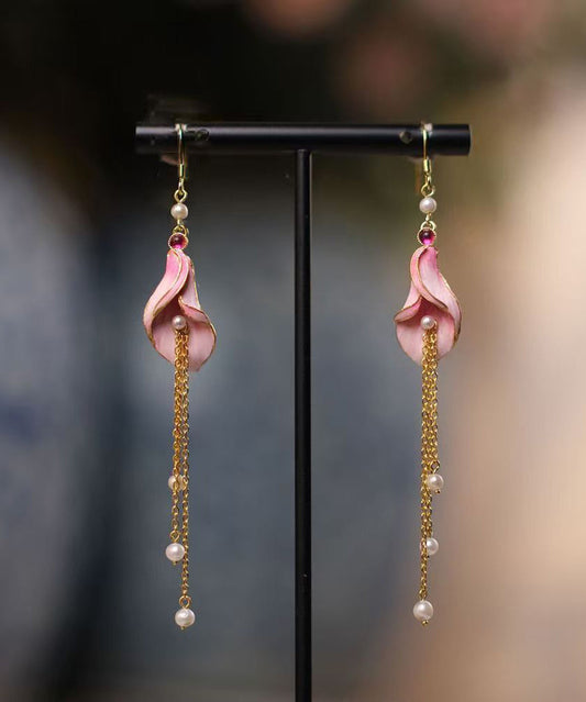 Pink Sterling Silver Overgild Pearl Horseshoe Lotus Tassel Drop Earrings