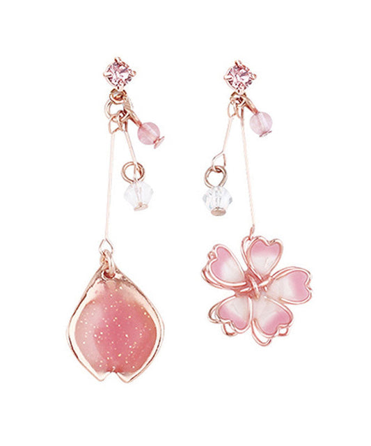 Pink Water Drops and Cherry Blossoms Crystal Asymmetrical Design Drop Earrings