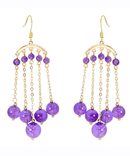 Purple 14k Gold Crystal Tassel Drop Earrings