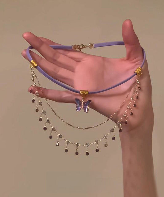 Purple Alloy Crystal Tassel Pendant Necklace Po046