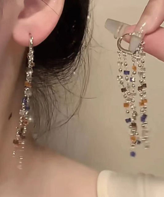 Rainbow Metal Crystal Block Tassel Drop Earrings