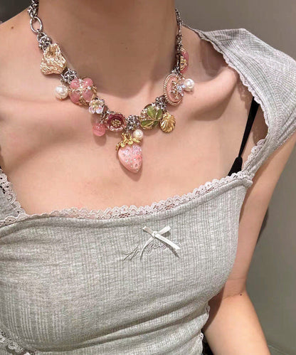 Rainbow Stainless Steel Strawberry Sea of Flowers Pendant Necklace