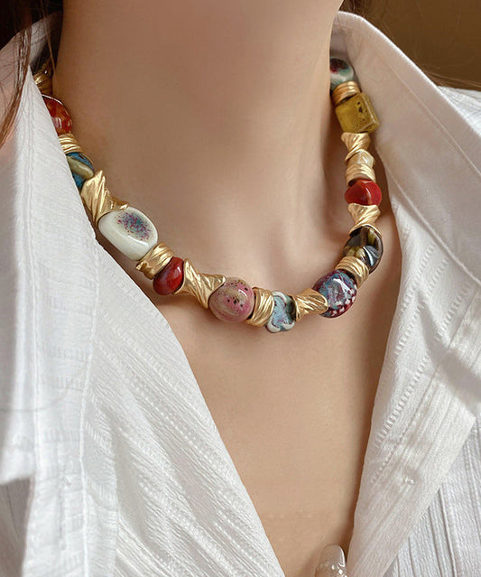 Rainbow Sterling Silver Overgild Ceramic Beads Collar Necklace Wi044