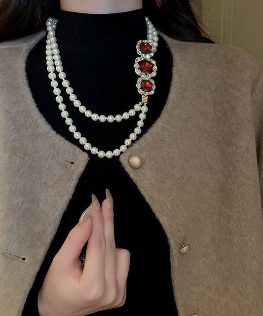 Red Alloy Zircon Bilayer Pearl Gratuated Bead Necklace Gh1022