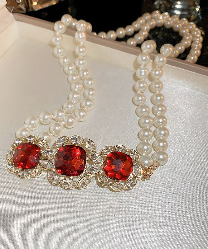 Red Alloy Zircon Bilayer Pearl Gratuated Bead Necklace Gh1022