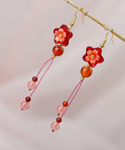 Red Flower Crystal Wedding Drop Earrings