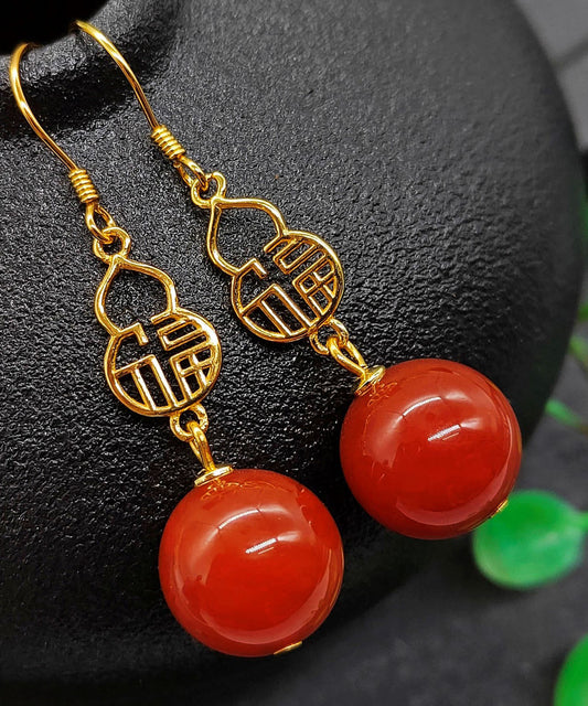 Red Sterling Silver Overgild Agate Graphic Drop Earrings