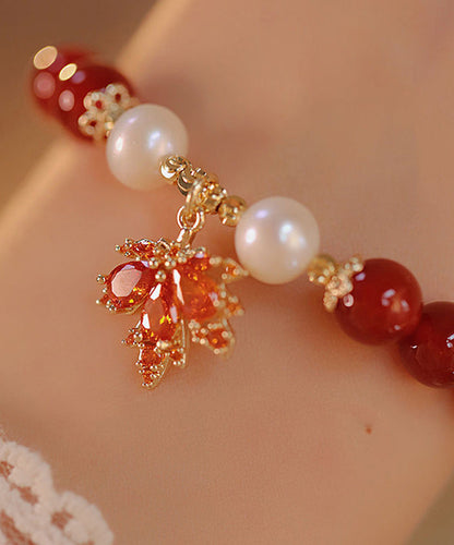 Red Sterling Silver Overgild Agate Maple Leaf Charm Bracelet