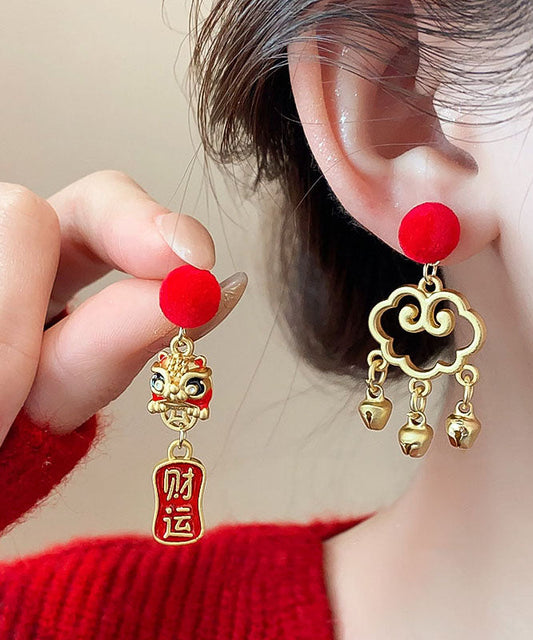 Red Sterling Silver Overgild Asymmetric Lion Dance Auspicious Clouds Tassel Drop Earrings