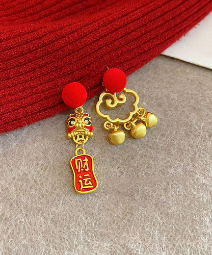 Red Sterling Silver Overgild Asymmetric Lion Dance Auspicious Clouds Tassel Drop Earrings