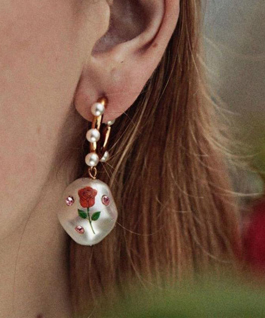 White Copper Overgild Zircon Pearl Rose Hoop Earrings