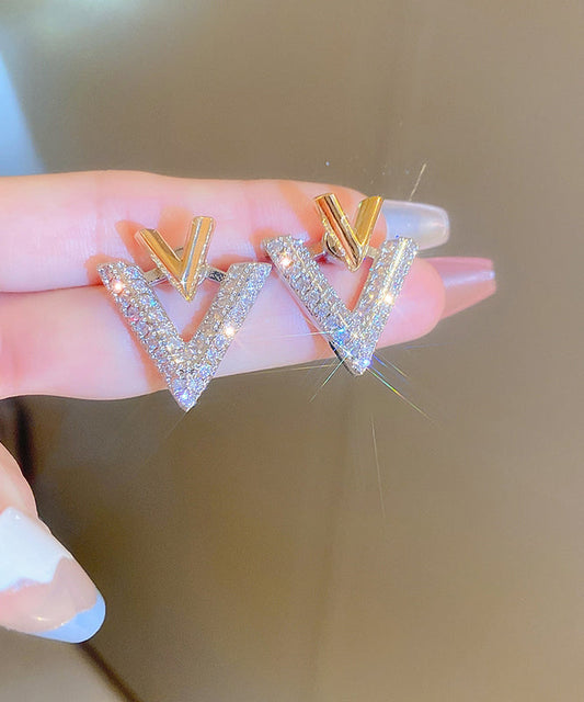 White Copper Zircon Graphic V Shape Stud Earrings