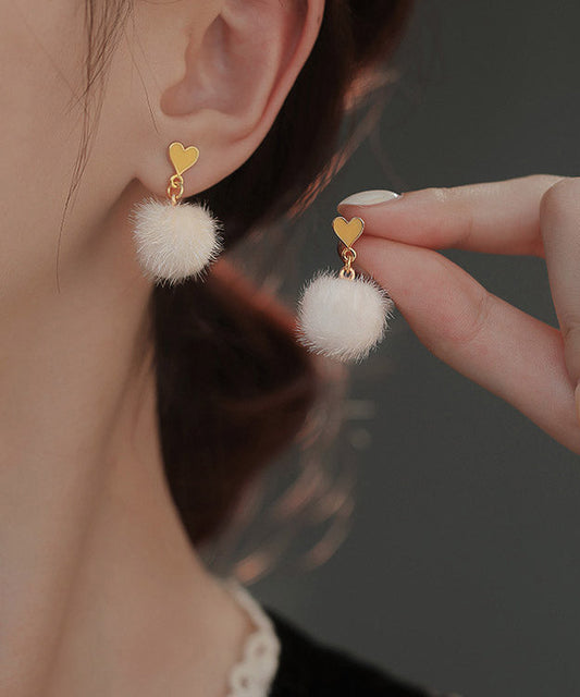 White Sterling Silver Olil Drip Love Hairball Drop Earrings