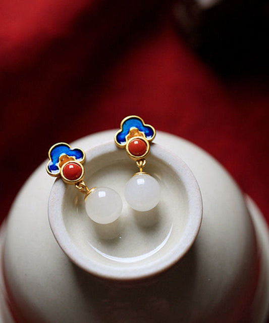 White Sterling Silver Overgild Jade Agate Enamel Auspicious Cloud Drop Earrings