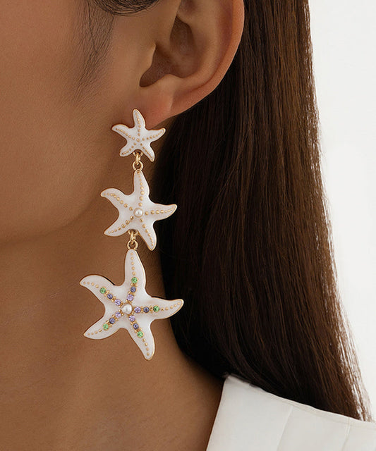White Sterling Silver Overgild Pearl Starfish Tulle Drop Earrings