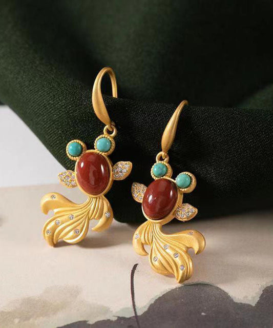 Yellow Sterling Silver Overgild Agate Zircon Turquoise Goldfish Drop Earrings
