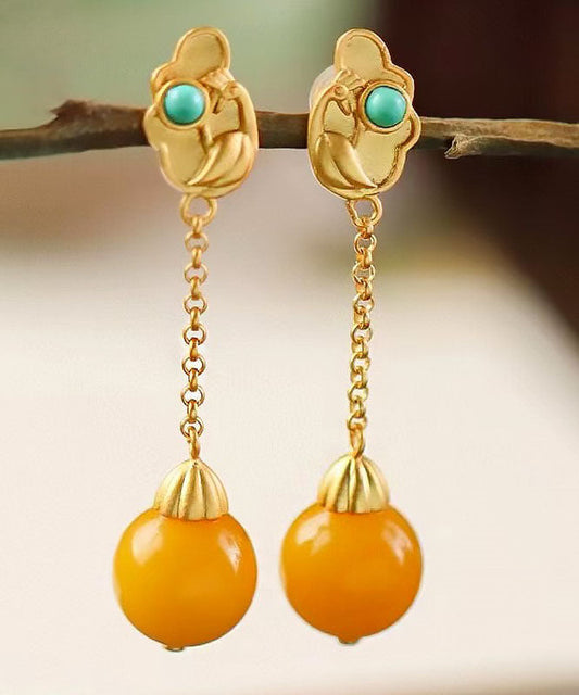 Yellow Sterling Silver Overgild Beeswax Turquoise Drop Earrings