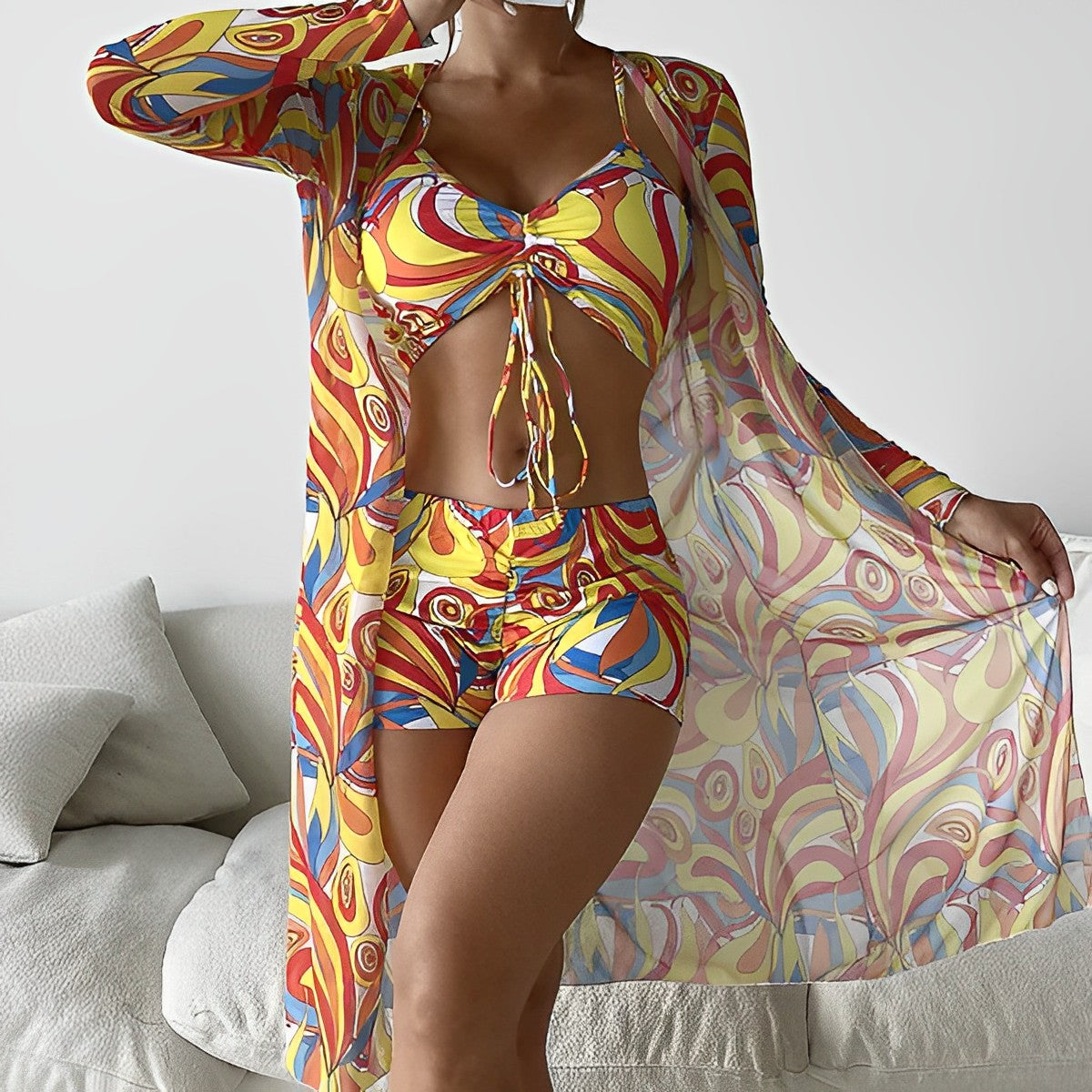LM | Swimsuit with swirl pattern and overlay