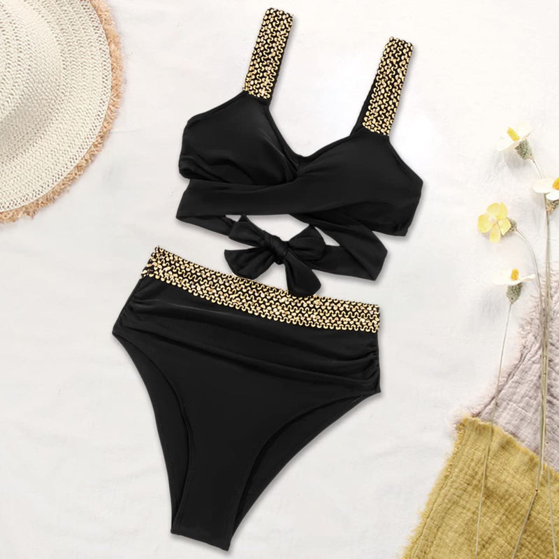 Luz® | Gold-colored Bikini With Cross Straps and a High Waist