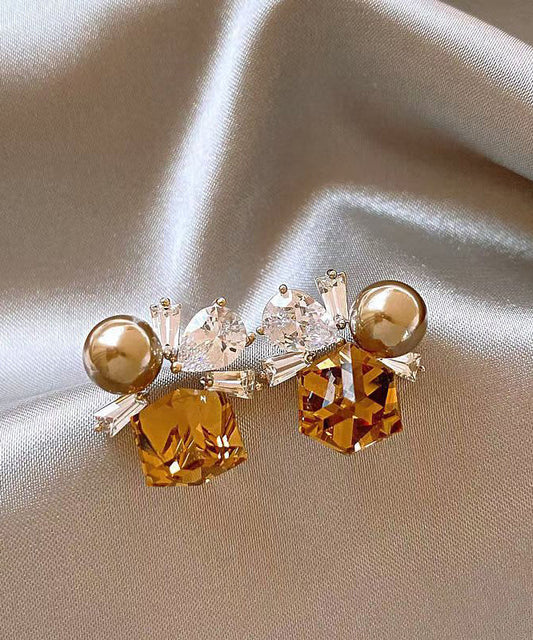 Brown Alloy Crystal Pearl Stud Earrings