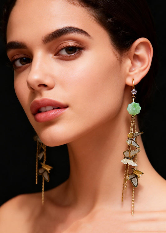 Butterfly Tassels Fine Jade Drop Earrings