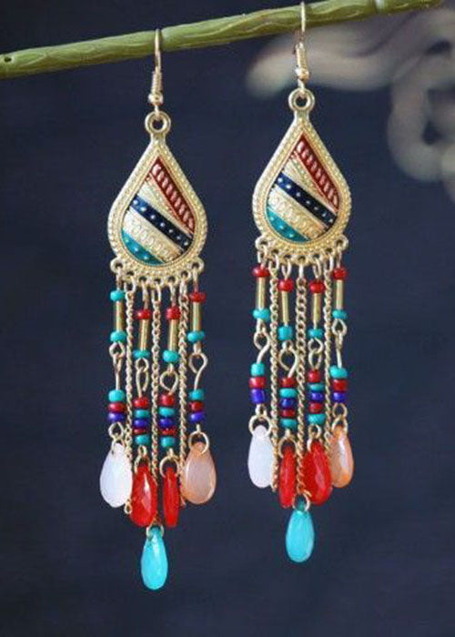 Droplet Shape Crystal Tassel Metal Vacation Drop Earrings