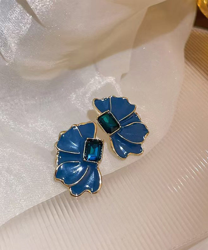 Blue Alloy Crystal Drip Glaze Petal Stud Earrings