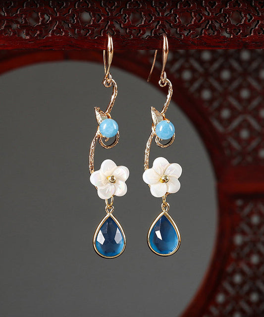 Blue Copper Crystal Coloured Glaze Pearl Shell Flowwer Water Drop Drop Earrings