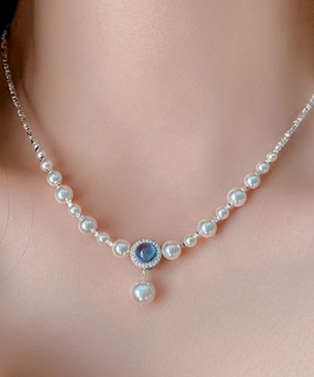 Blue Copper Silver Plating Pearl Broken Silver Gem Stone Pendant Necklace