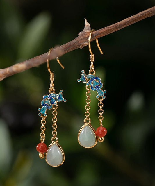 Blue Sterling Silver Gold Plated Cloisonne Jadeite Water Drop Jade Drop Earrings