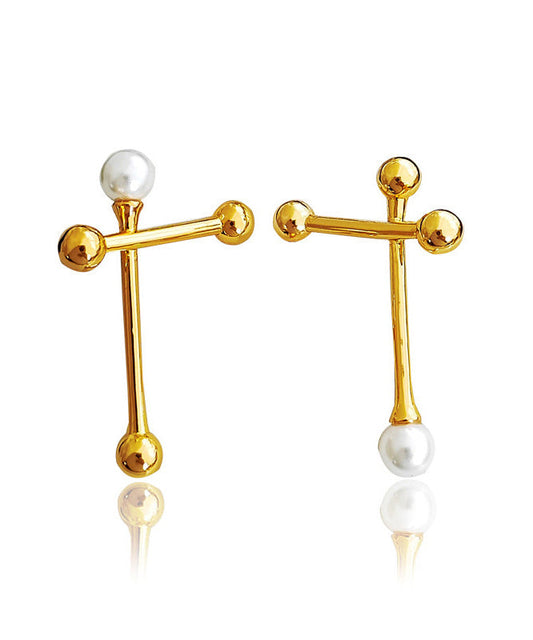 Gold Copper Overgild Asymmtricar Cross Glass Pearl Stud Earrings