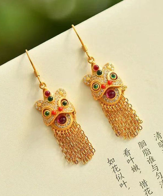 Gold Gem Stone Tassel Silver Drop Earrings