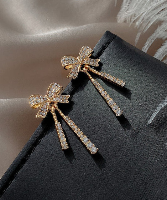Gold Sterling Silver Alloy Zircon Bow Tassel Drop Earrings