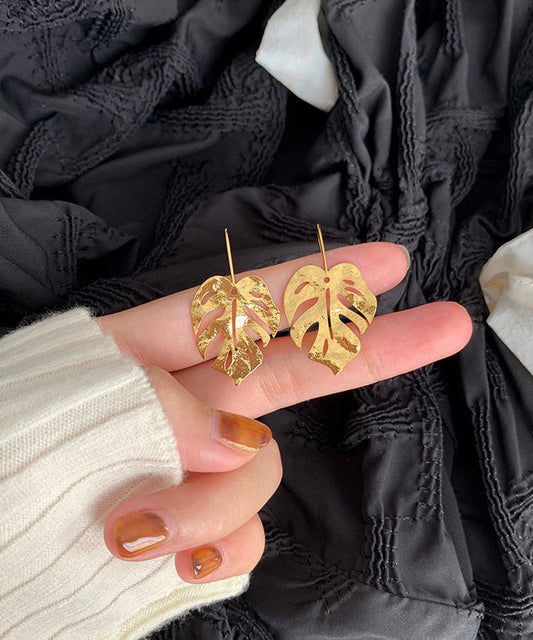 Gold Sterling Silver Overgild Frosting Leaf Drop Earrings