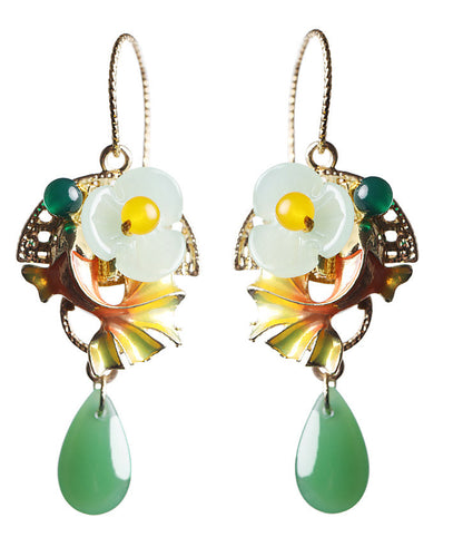Green Coloured Glaze Chalcedony Agate Cloisonne Fish Drip Drop Earrings