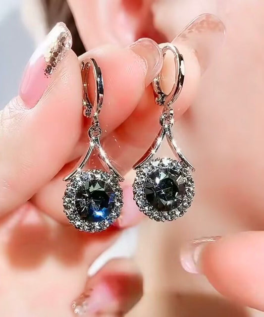 Grey Metal Zircon Round Drop Earrings