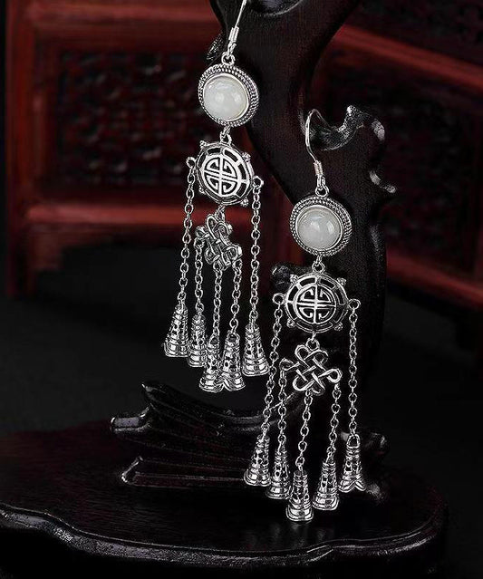 Jade Patchwork Tassel Silver Drop Earrings