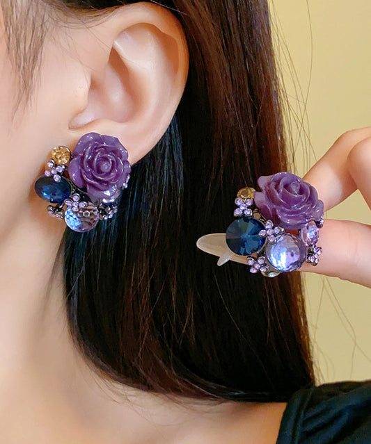 Purple Alloy Zircon Resin Glass Stud Earrings