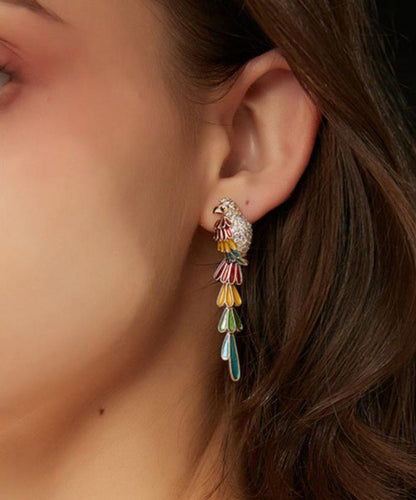 Rainbow Copper Overgild Zircon Parrot Tassel Drop Earrings