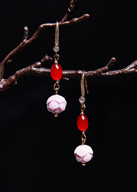 Red Gem Fine Lotus Flower Stone Drop Earrings